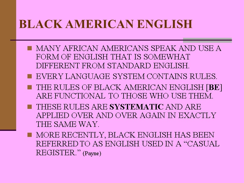 BLACK AMERICAN ENGLISH MANY AFRICAN AMERICANS SPEAK AND USE A FORM OF ENGLISH THAT